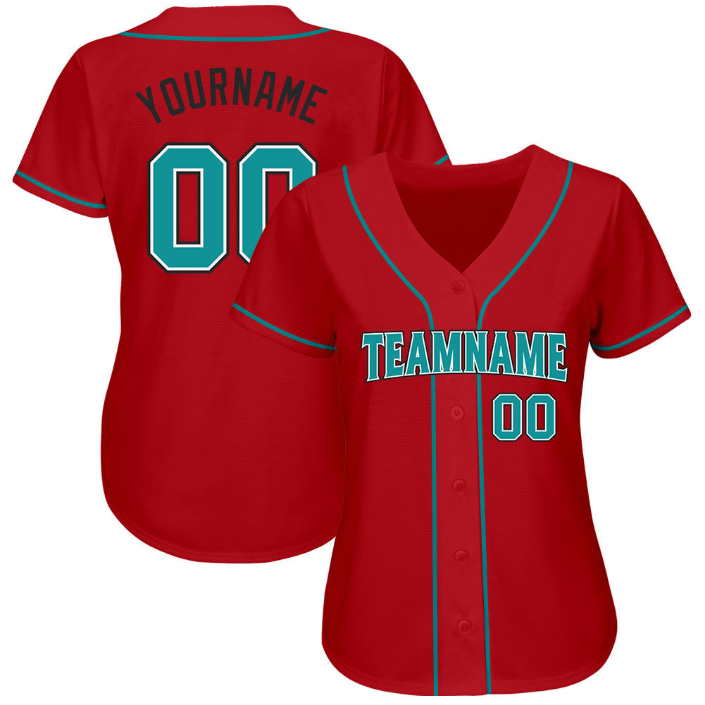 Custom Red Teal-Black Authentic Baseball Jersey baseball jersey product view 2