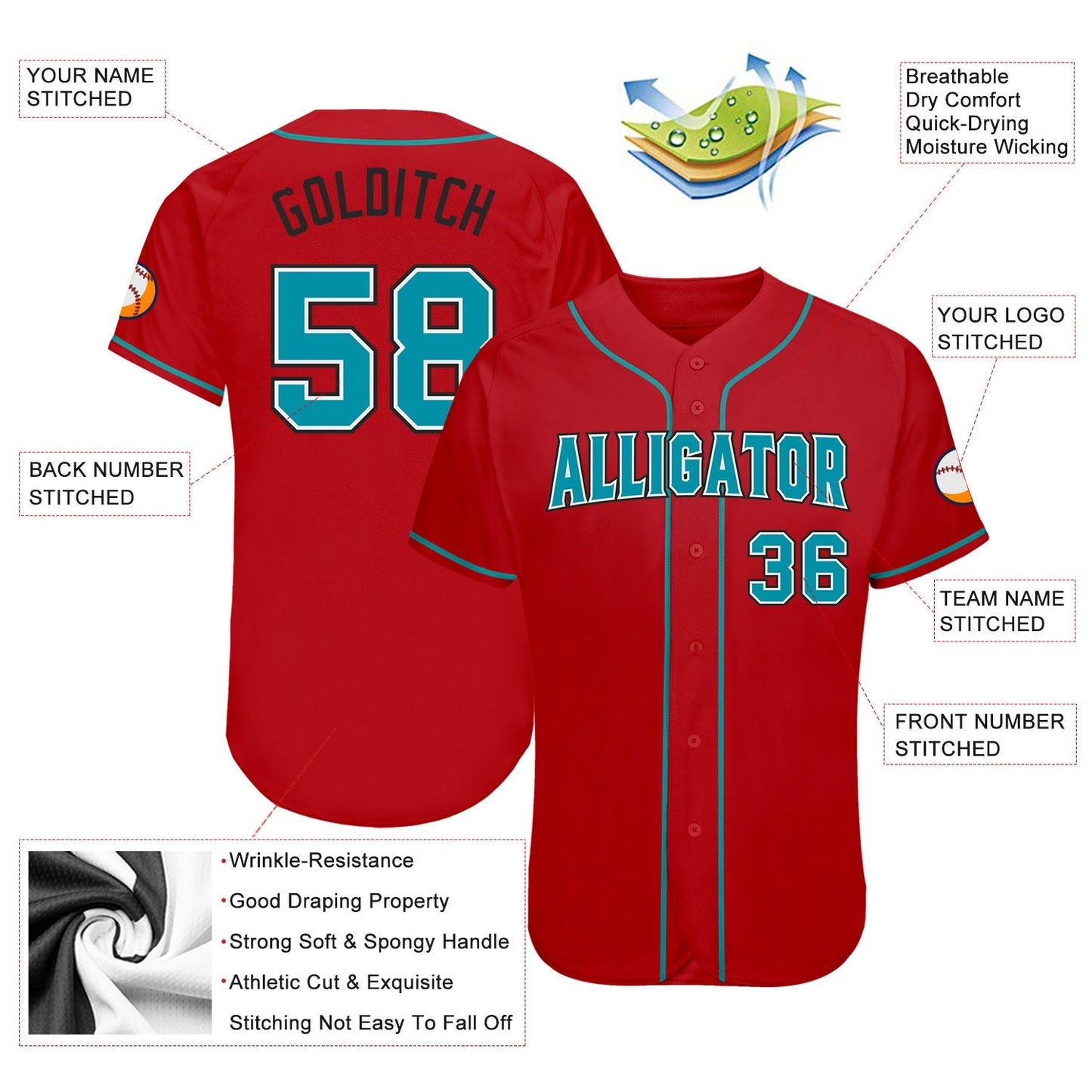Custom Red Teal-Black Authentic Baseball Jersey baseball jersey product view 3