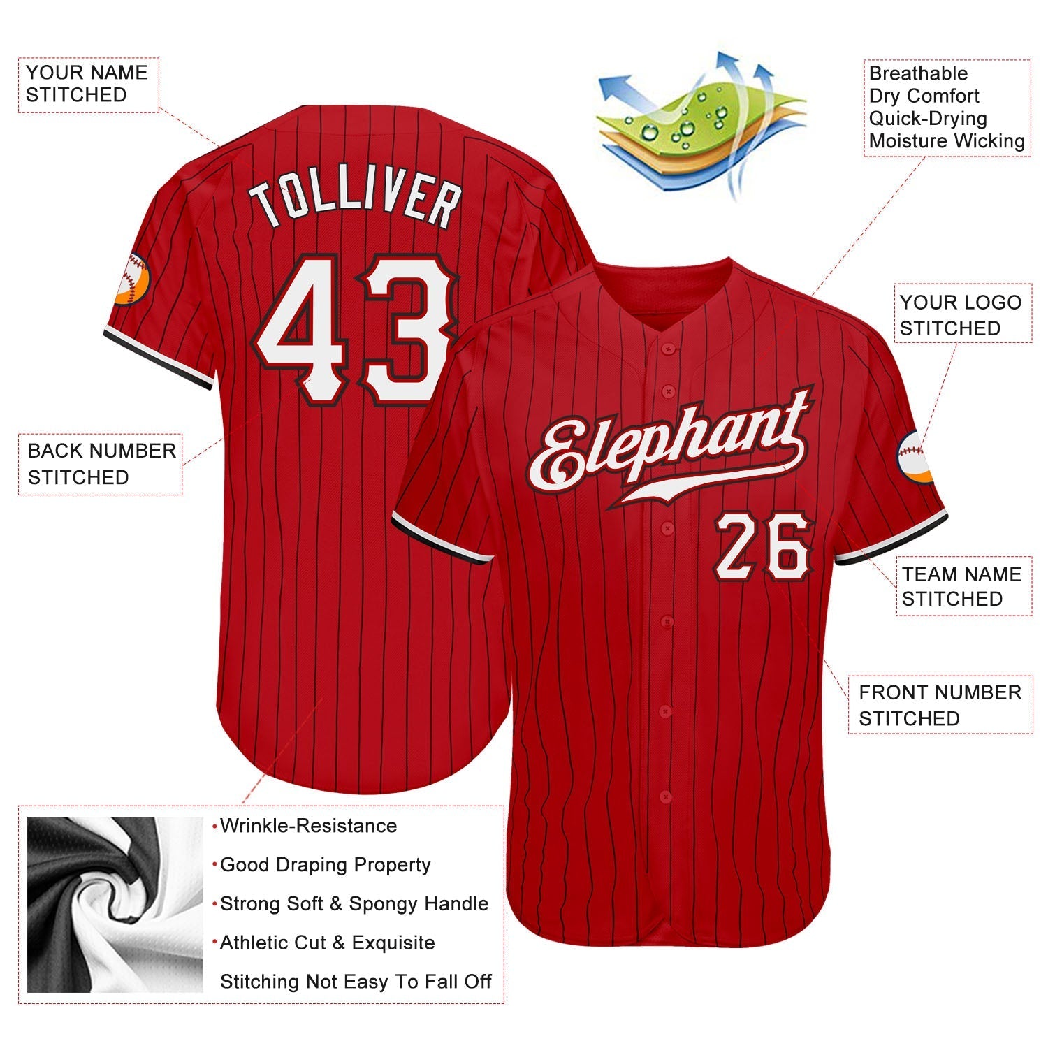 Custom Red Black Pinstripe White-Black Authentic Baseball Jersey baseball jersey product view 3