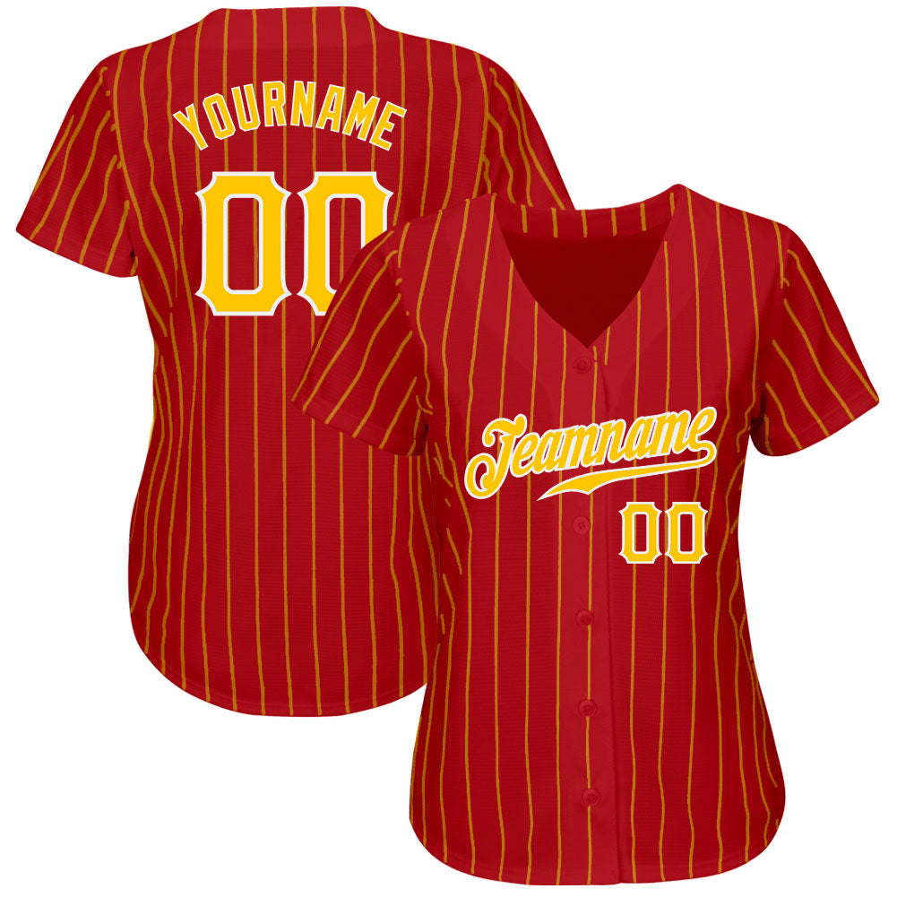 Custom Red Gold Pinstripe Gold-White Authentic Baseball Jersey baseball jersey product view 2