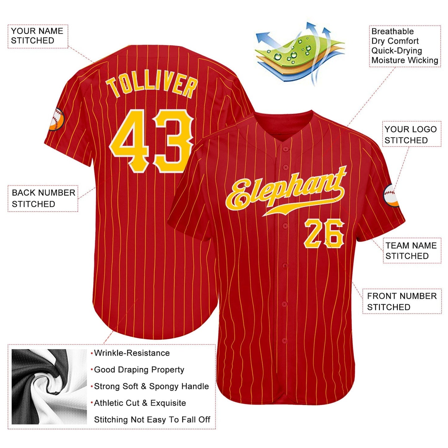 Custom Red Gold Pinstripe Gold-White Authentic Baseball Jersey baseball jersey product view 3