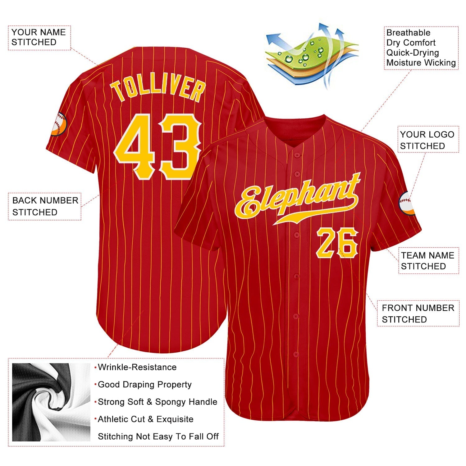 Custom Red Gold Pinstripe Gold-White Authentic Baseball Jersey baseball jersey product view 3