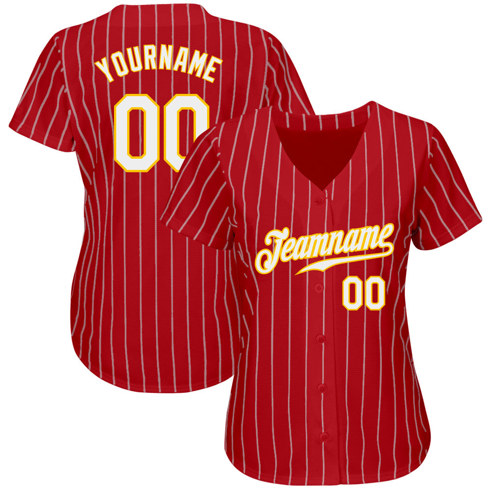 Custom Red Gold Pinstripe White-Gold Authentic Baseball Jersey baseball jersey product view 2
