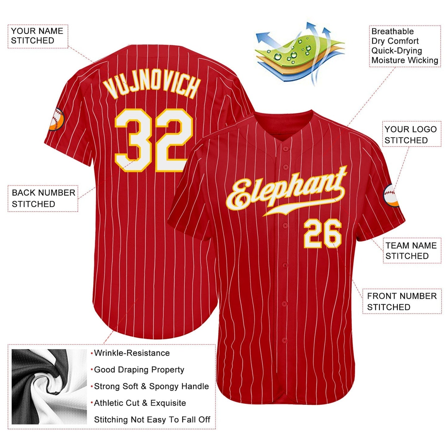 Custom Red Gold Pinstripe White-Gold Authentic Baseball Jersey baseball jersey product view 3