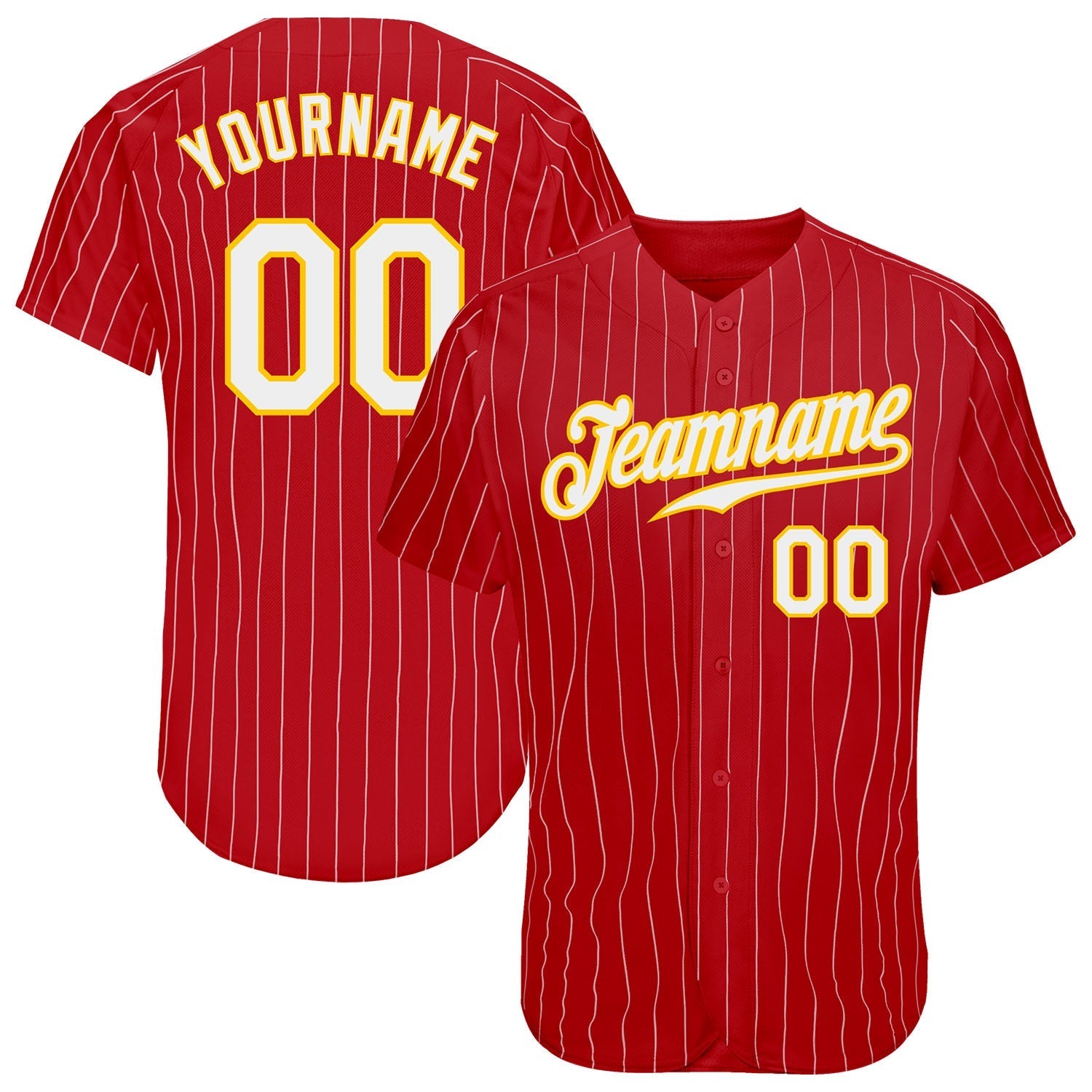 Custom Red Gold Pinstripe White-Gold Authentic Baseball Jersey baseball jersey product view 1