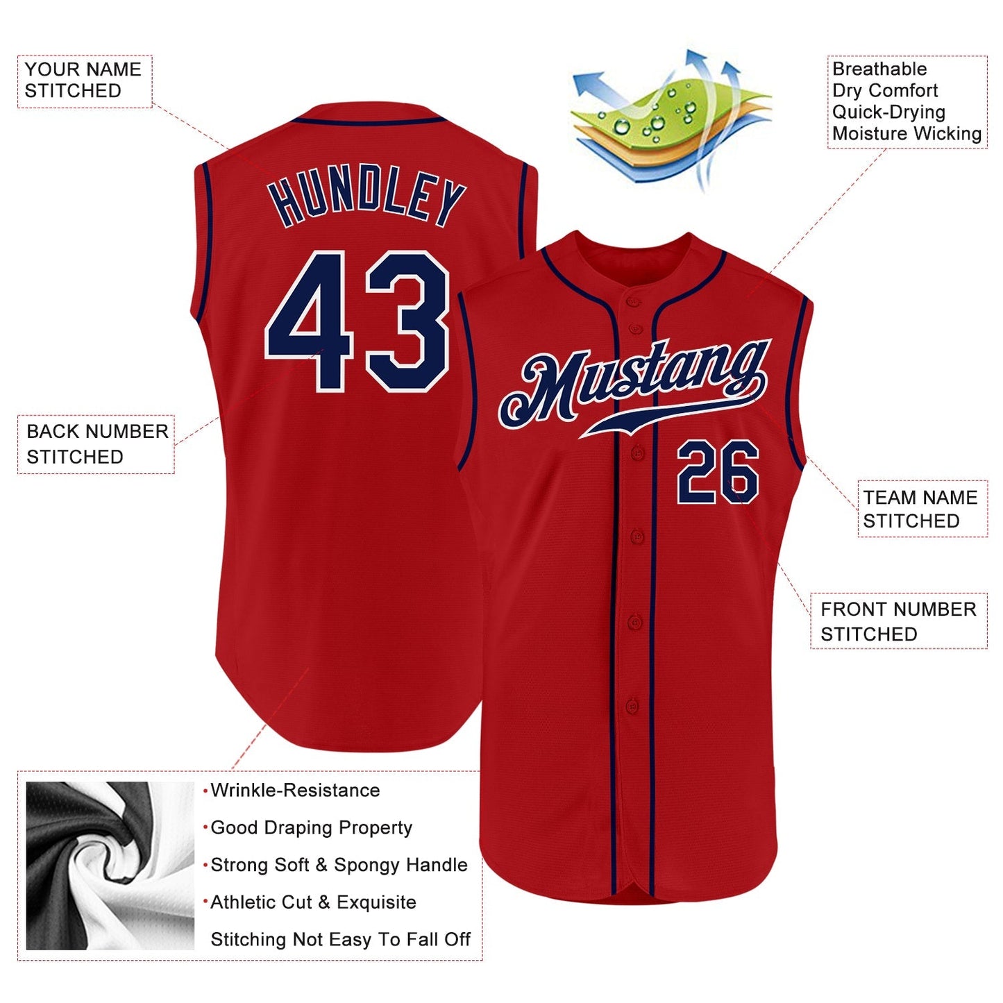 Custom Red Navy-White Authentic Sleeveless Baseball Jersey baseball jersey product view 2