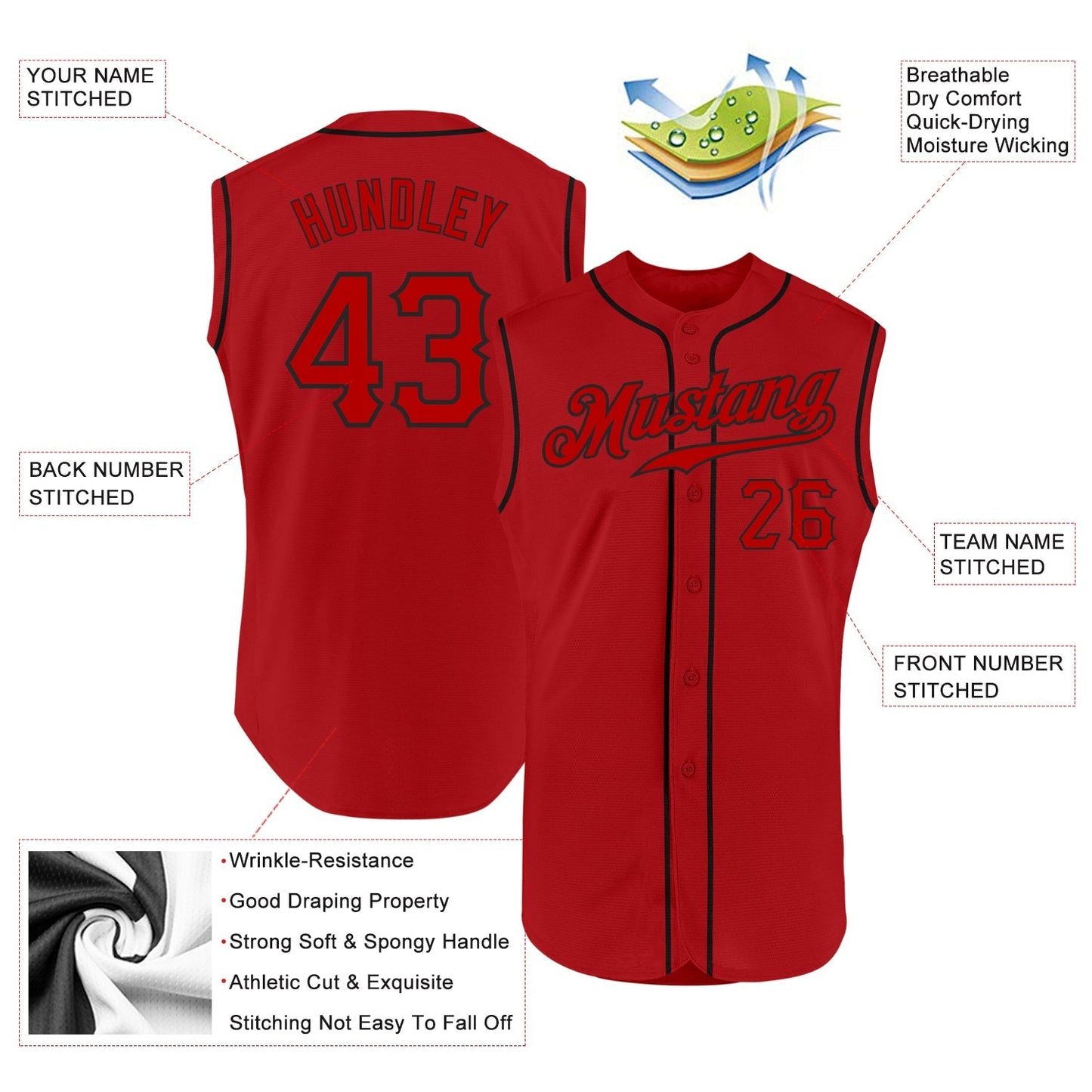 Custom Red Red-Black Authentic Sleeveless Baseball Jersey baseball jersey product view 2