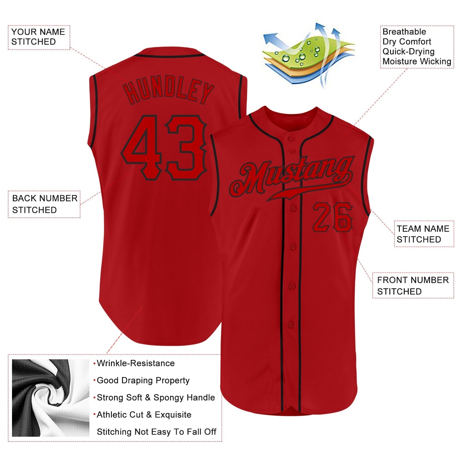 Custom Red Red-Black Authentic Sleeveless Baseball Jersey baseball jersey product view 2