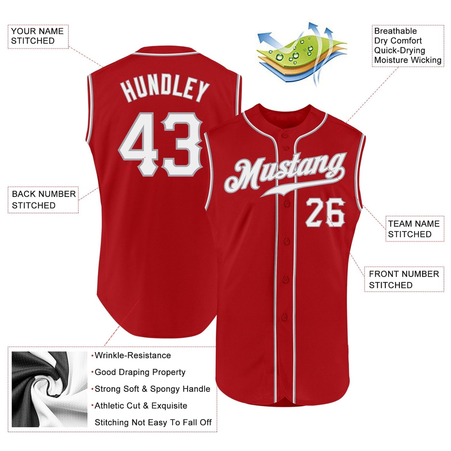Custom Red White-Gray Authentic Sleeveless Baseball Jersey baseball jersey product view 2