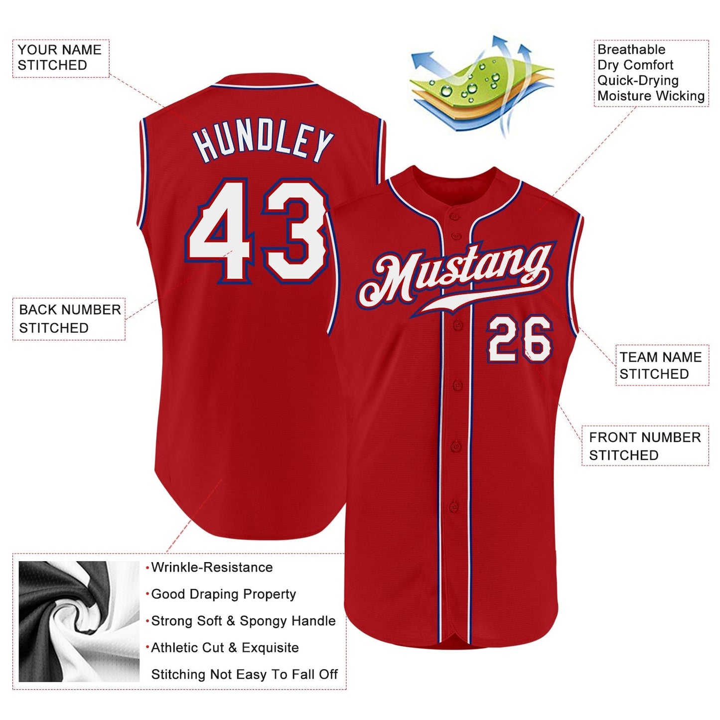 Custom Red White-Royal Authentic Sleeveless Baseball Jersey baseball jersey product view 2