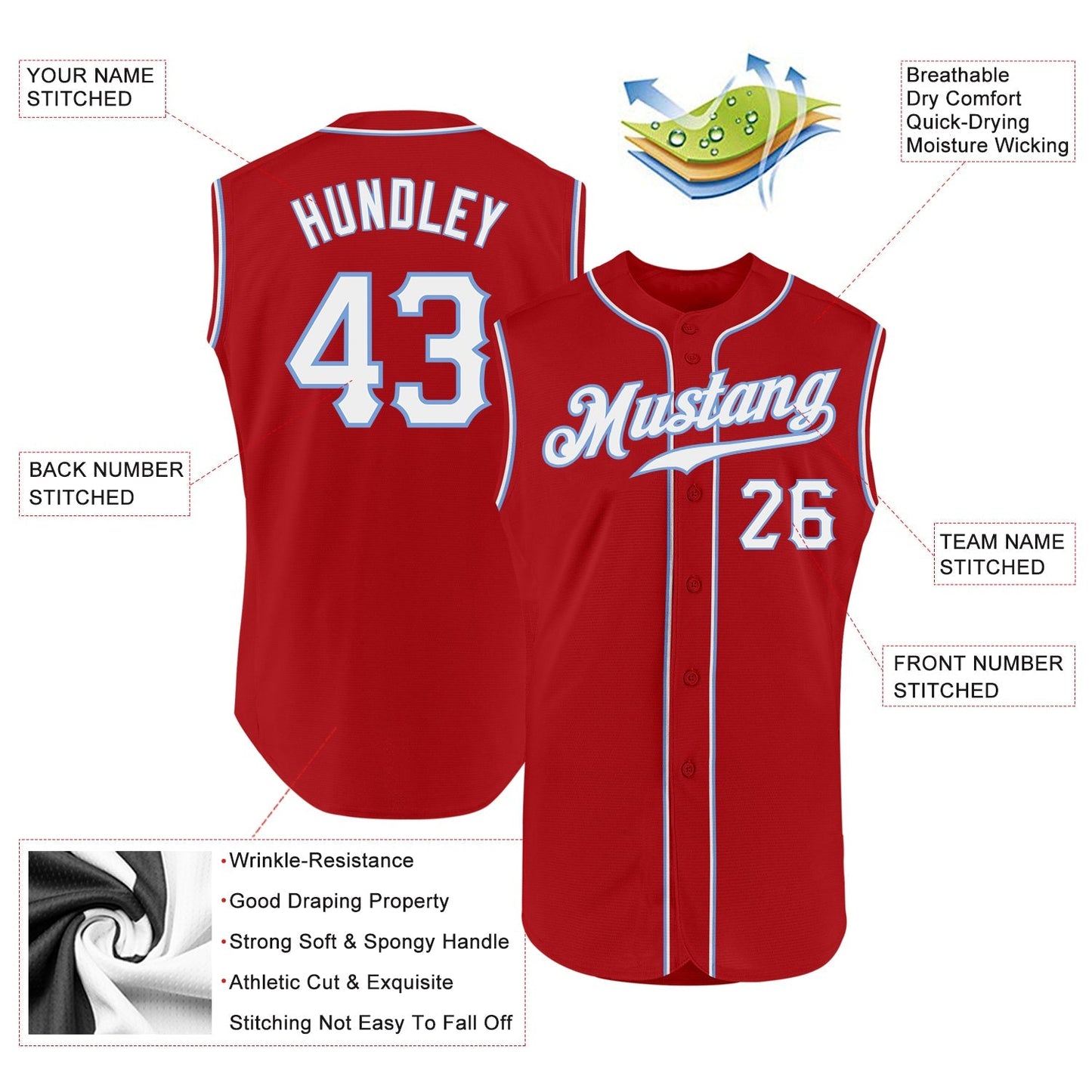 Custom Red White-Light Blue Authentic Sleeveless Baseball Jersey baseball jersey product view 2