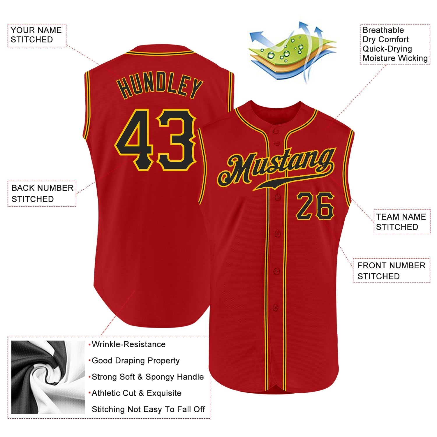Custom Red Black-Gold Authentic Sleeveless Baseball Jersey baseball jersey product view 2