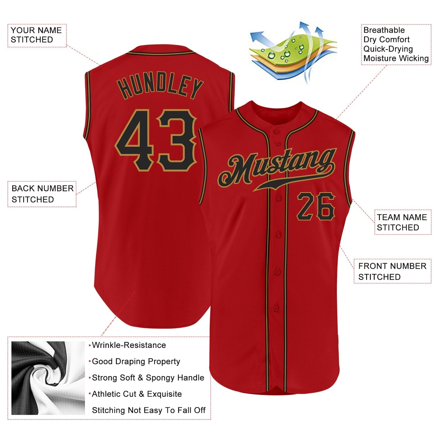 Custom Red Black-Old Gold Authentic Sleeveless Baseball Jersey baseball jersey product view 2