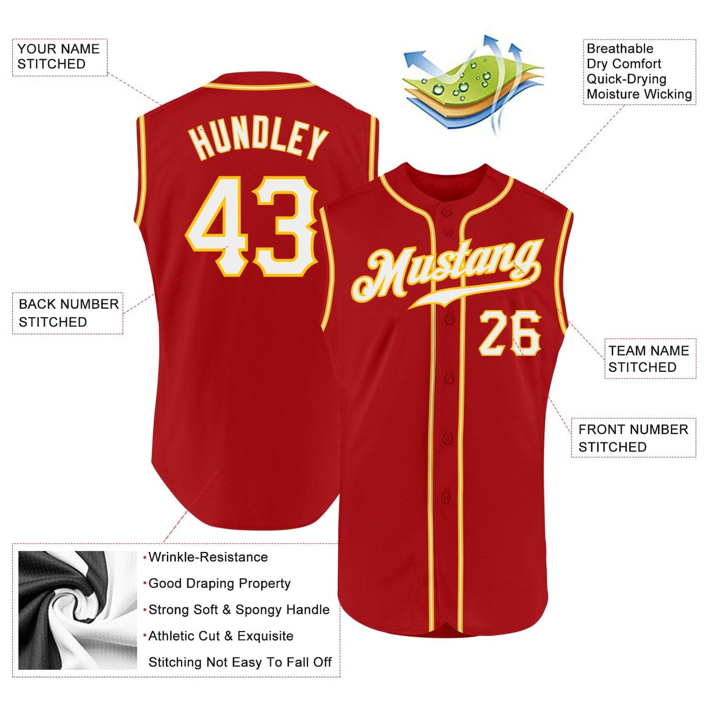 Custom Red White-Gold Authentic Sleeveless Baseball Jersey baseball jersey product view 2