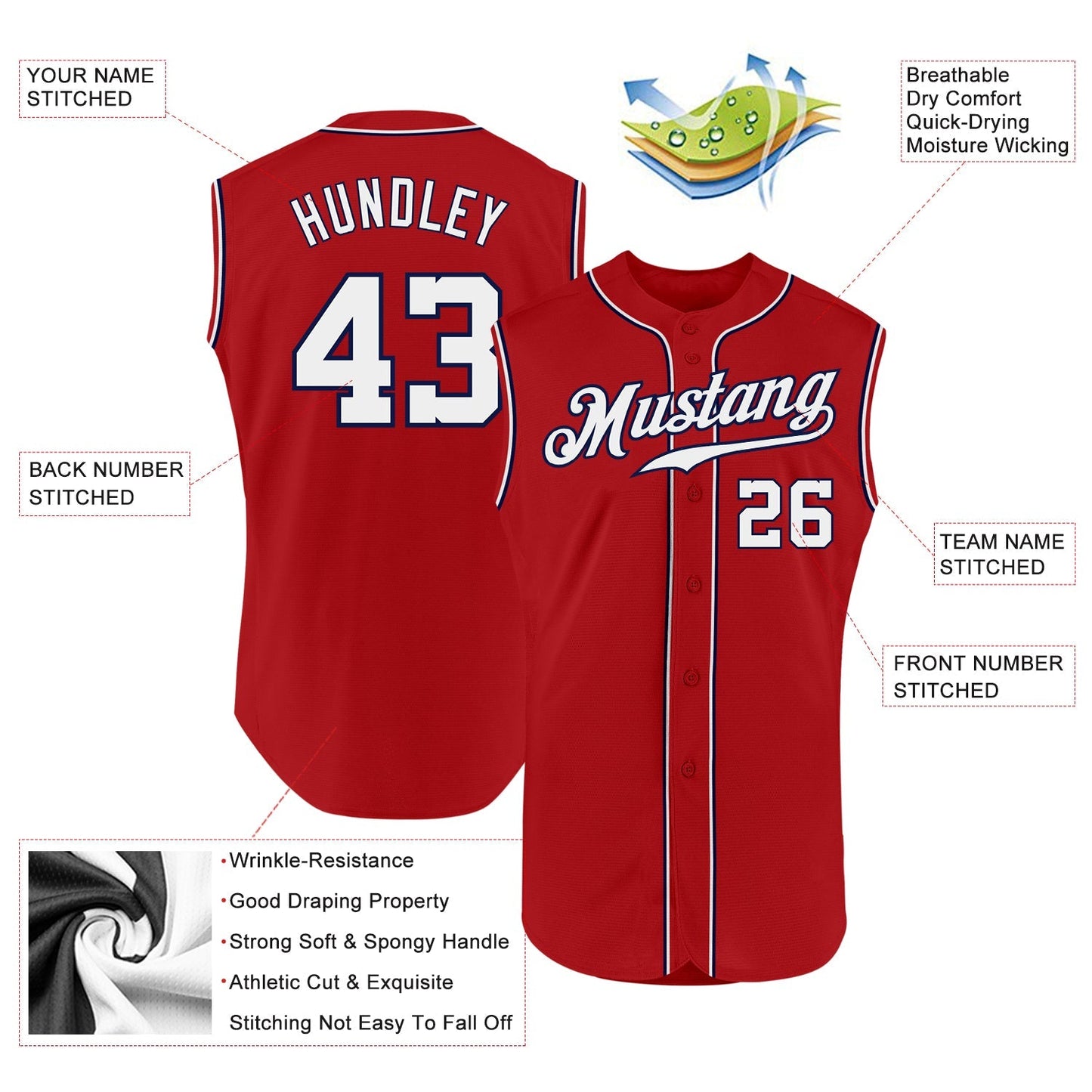 Custom Red White-Navy Authentic Sleeveless Baseball Jersey baseball jersey product view 2