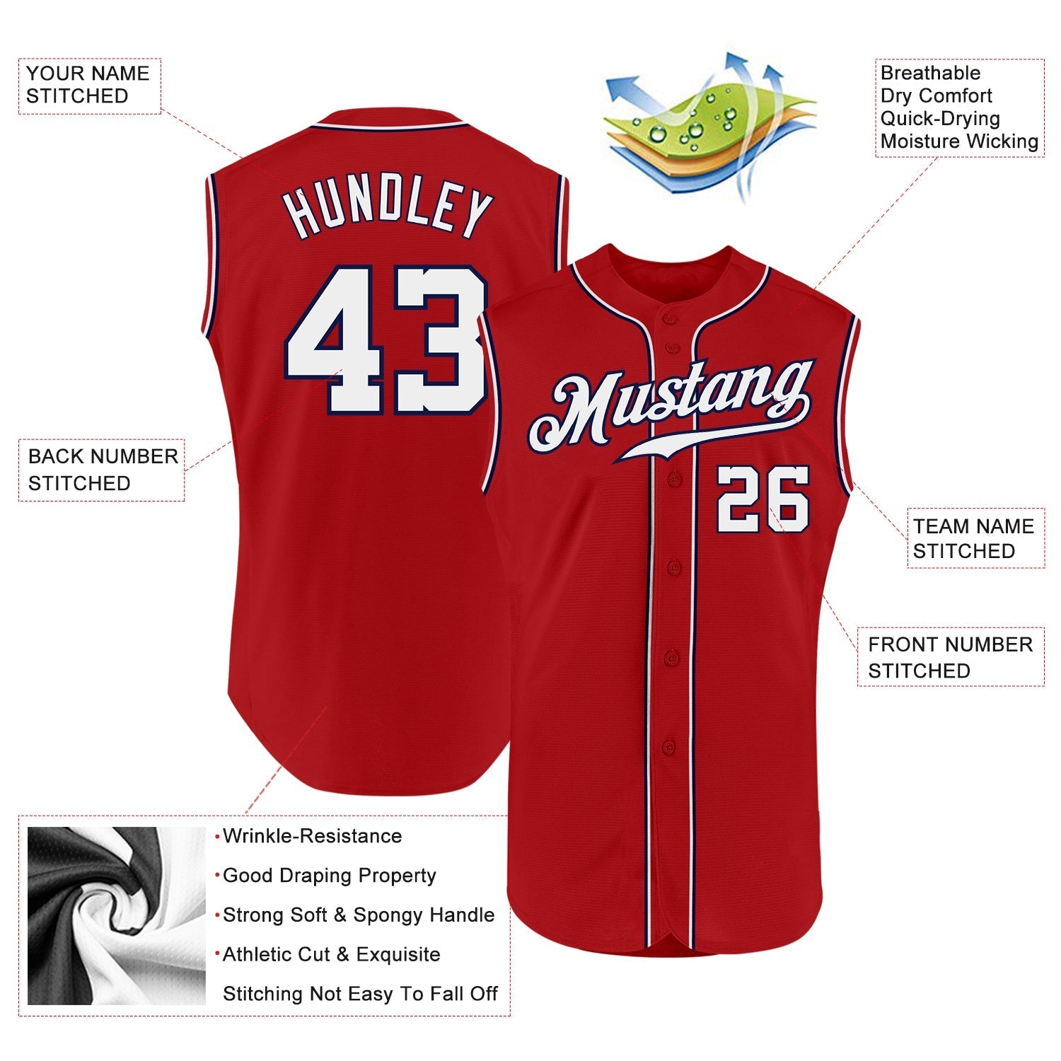 Custom Red White-Navy Authentic Sleeveless Baseball Jersey baseball jersey product view 2