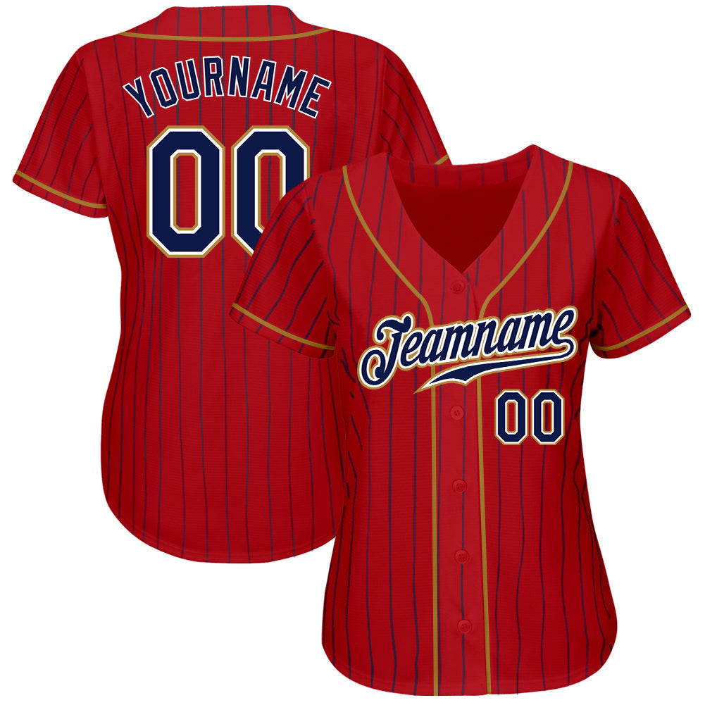 Custom Red Navy Pinstripe Navy-Old Gold Authentic Baseball Jersey baseball jersey product view 2