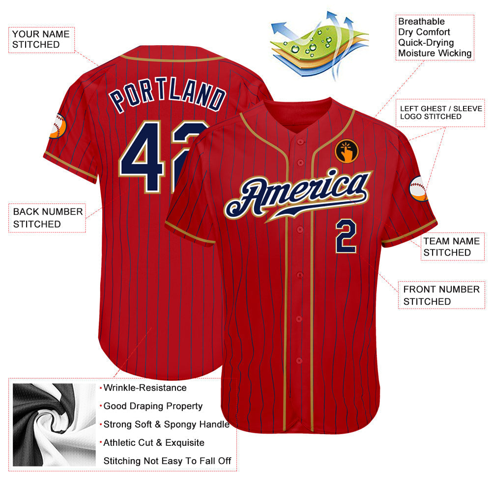 Custom Red Navy Pinstripe Navy-Old Gold Authentic Baseball Jersey baseball jersey product view 3