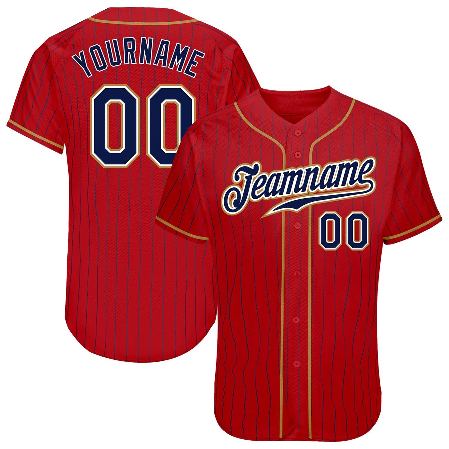 Custom Red Navy Pinstripe Navy-Old Gold Authentic Baseball Jersey baseball jersey product view 1