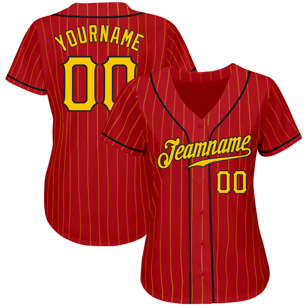 Custom Red Gold Pinstripe Gold-Black Authentic Baseball Jersey baseball jersey product view 2