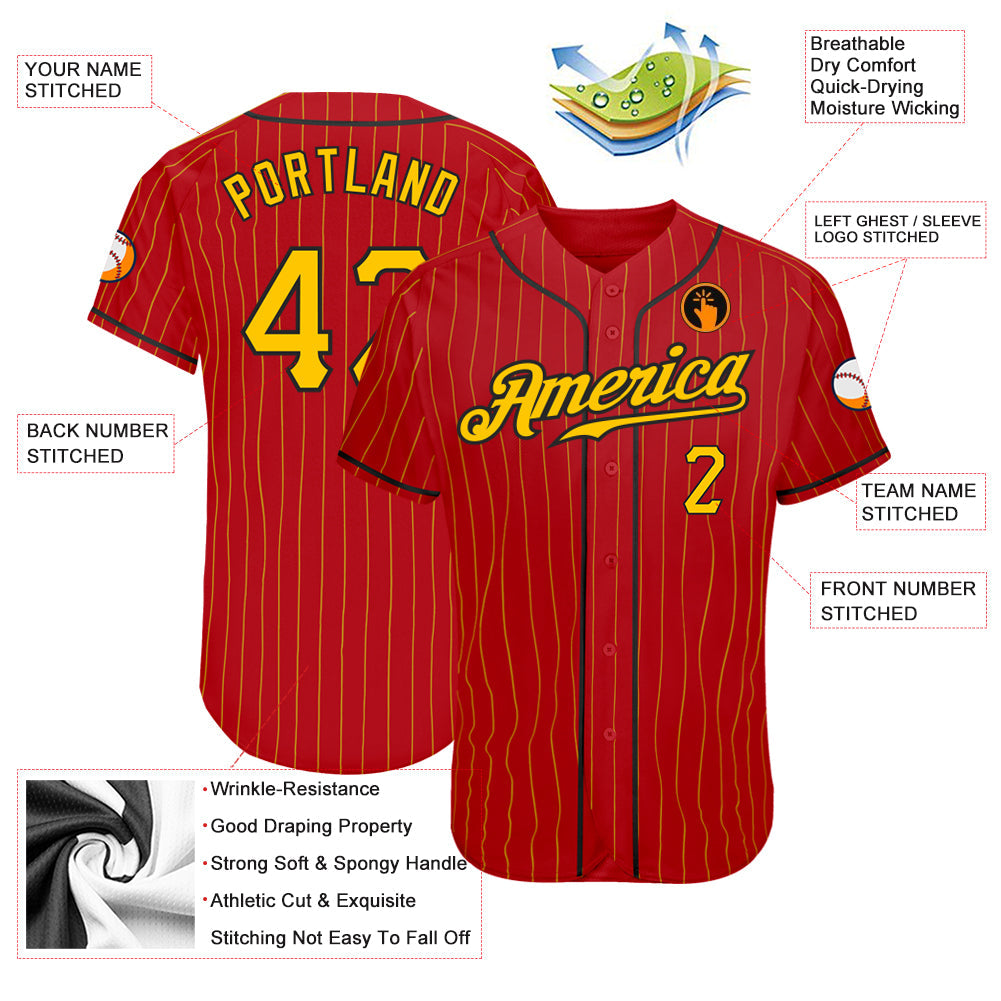 Custom Red Gold Pinstripe Gold-Black Authentic Baseball Jersey baseball jersey product view 3