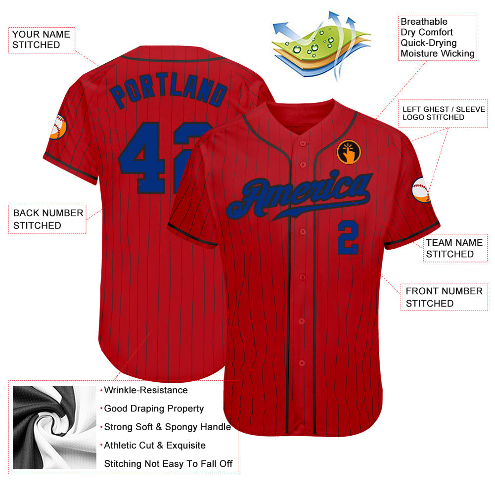 Custom Red Black Pinstripe Royal-Black Authentic Baseball Jersey baseball jersey product view 3