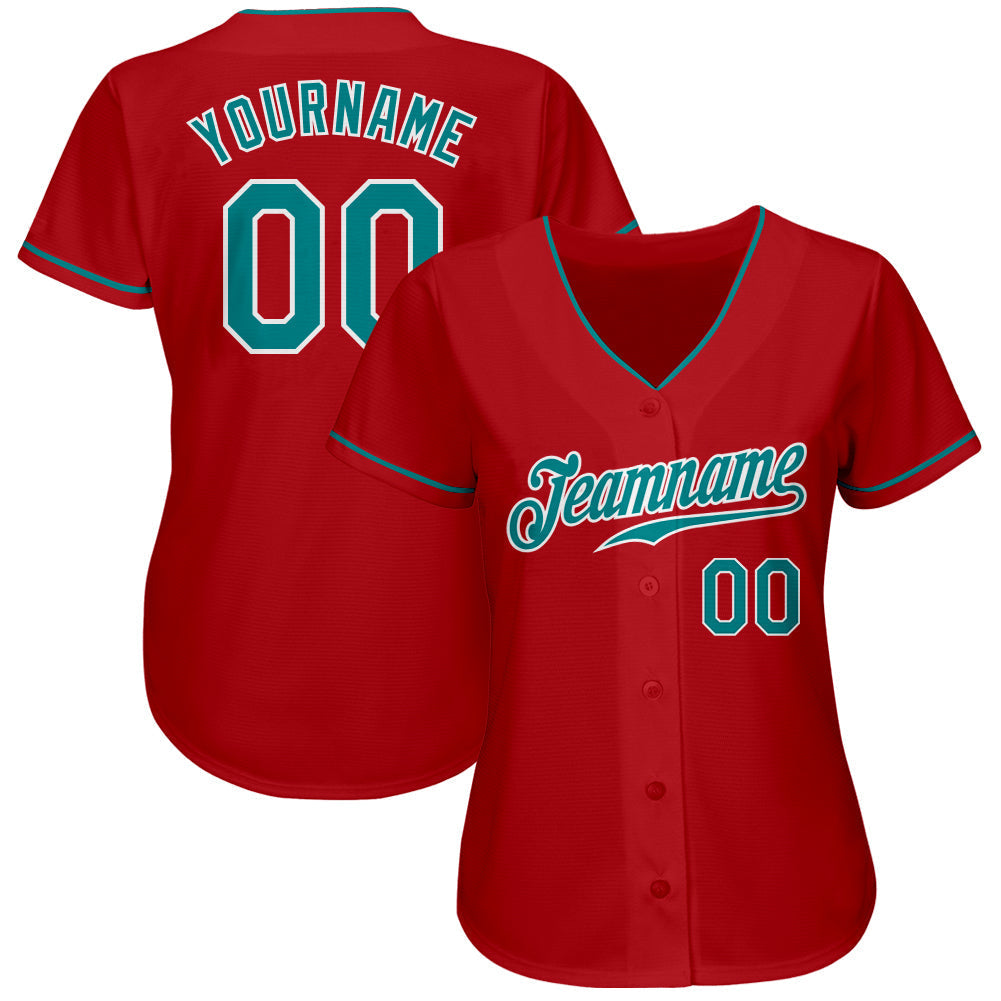 Custom Red Teal-White Authentic Baseball Jersey baseball jersey product view 2