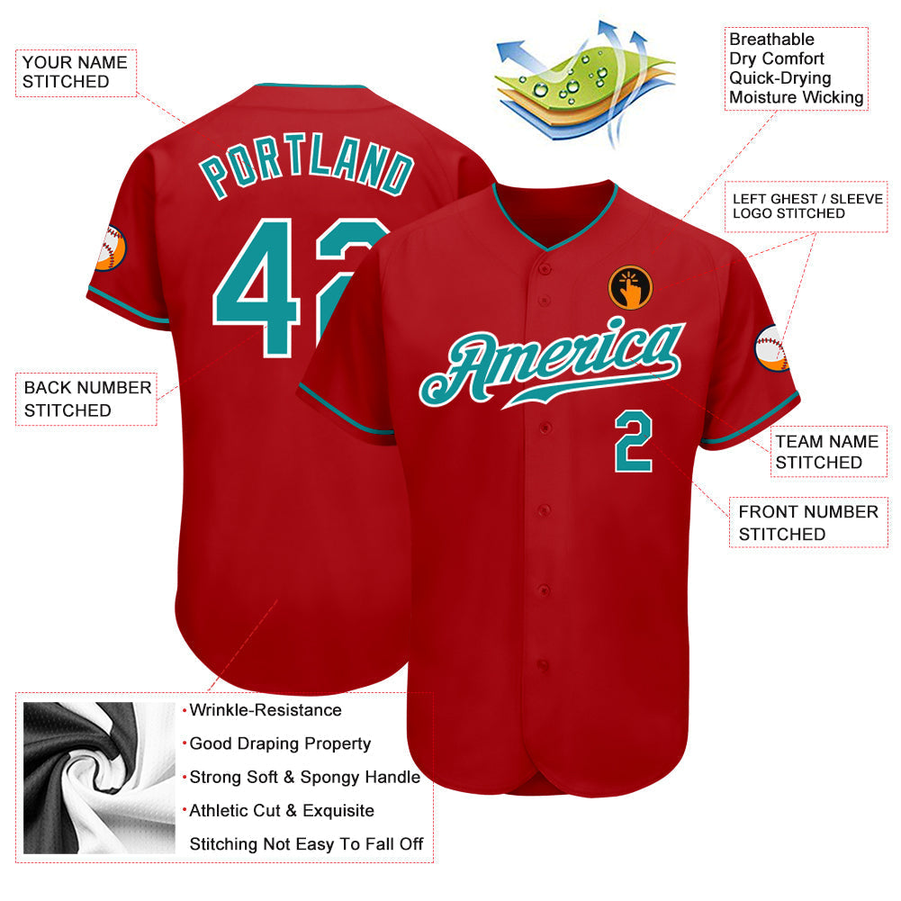 Custom Red Teal-White Authentic Baseball Jersey baseball jersey product view 3