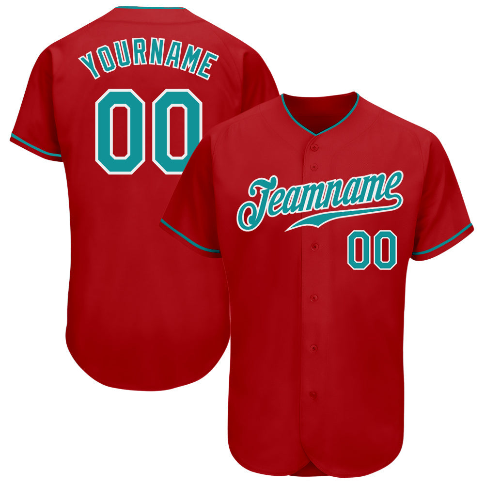 Custom Red Teal-White Authentic Baseball Jersey baseball jersey product view 1