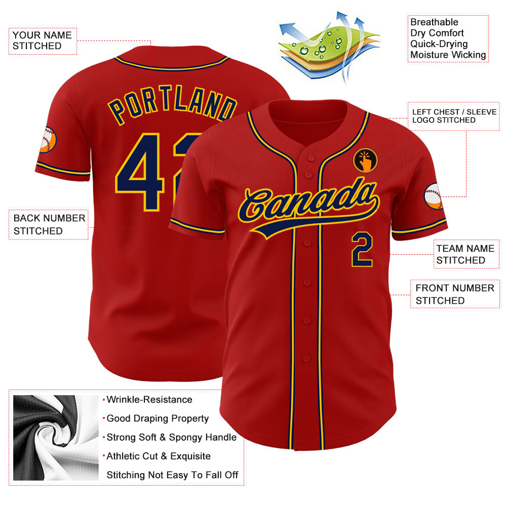 Custom Red Navy-Gold Authentic Baseball Jersey baseball jersey product view 3