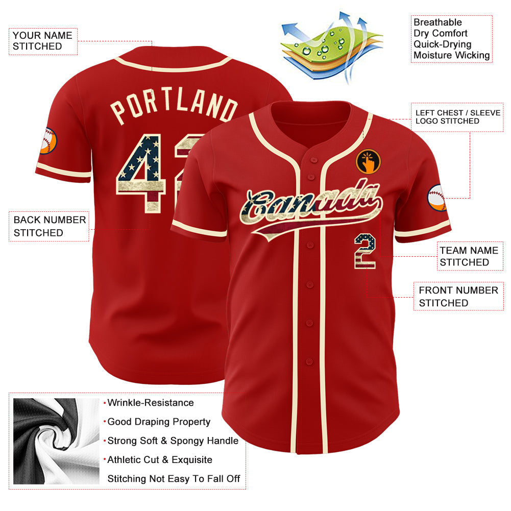 Custom Red Vintage USA Flag-Cream Authentic Baseball Jersey baseball jersey product view 3