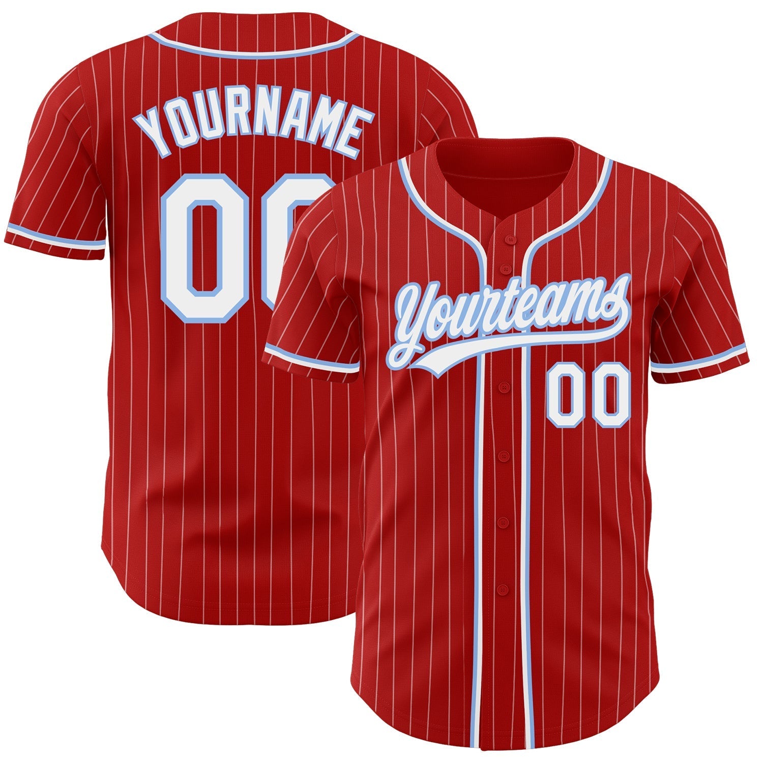 Custom Red White Pinstripe White-Light Blue Authentic Baseball Jersey baseball jersey product view 1