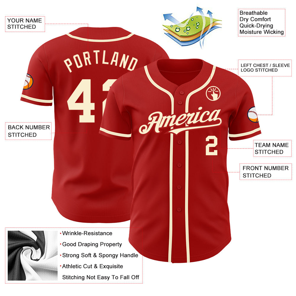 Custom Red Cream Authentic Baseball Jersey baseball jersey product view 3