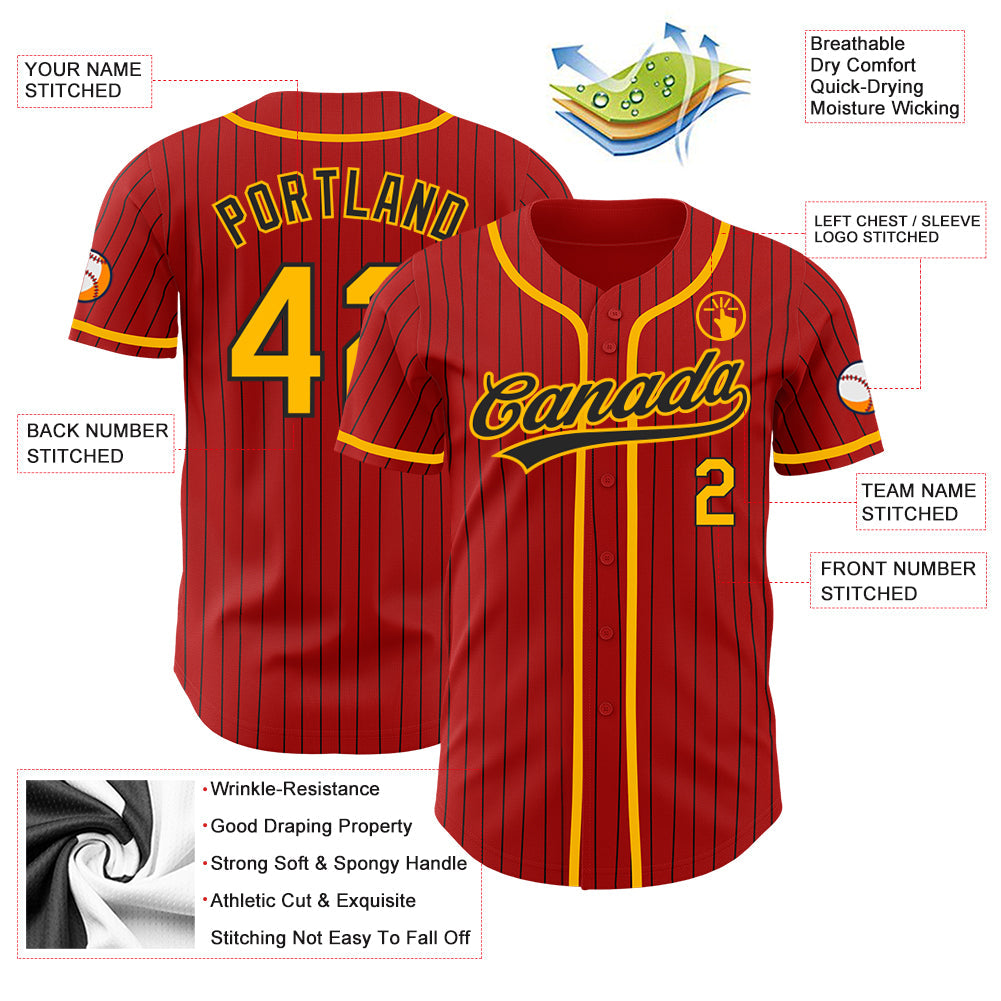 Custom Red Black Pinstripe Gold Authentic Baseball Jersey baseball jersey product view 3