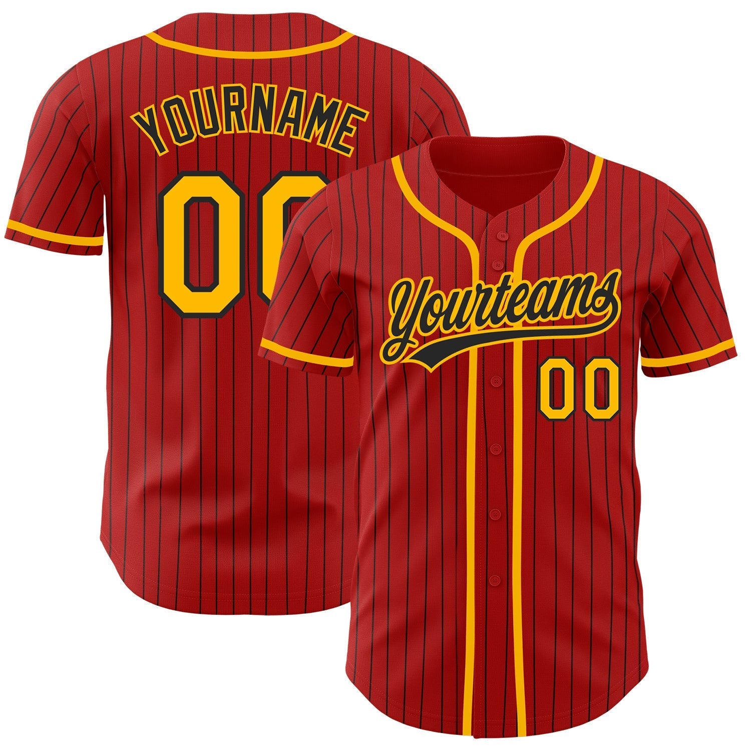 Custom Red Black Pinstripe Gold Authentic Baseball Jersey baseball jersey product view 1