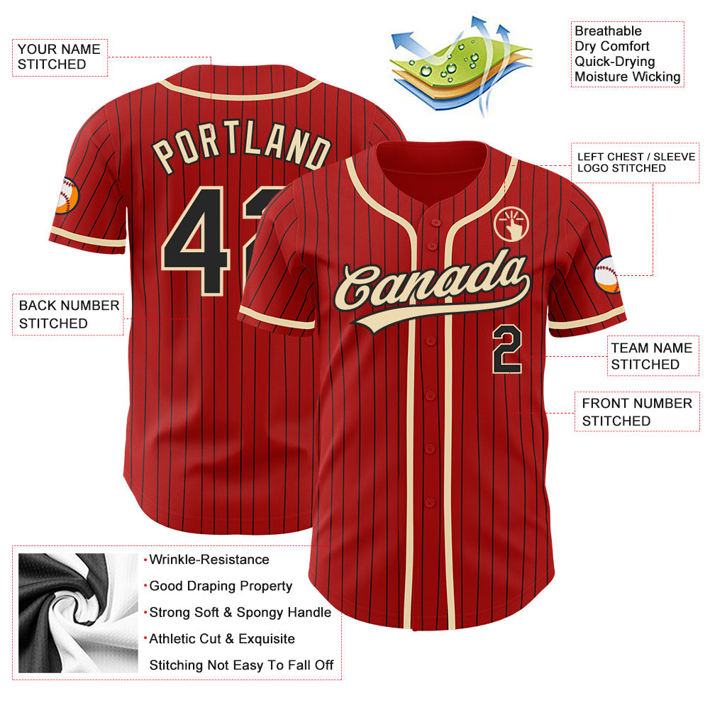 Custom Red Black Pinstripe City Cream Authentic Baseball Jersey baseball jersey product view 3