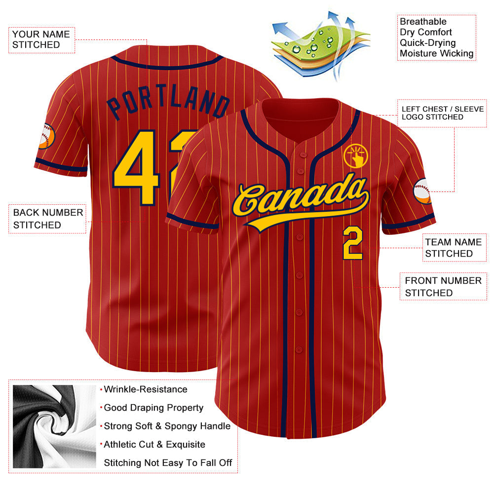 Custom Red Yellow Pinstripe Navy Authentic Baseball Jersey baseball jersey product view 3