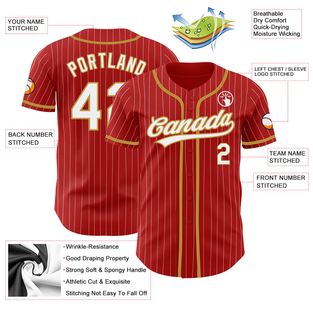 Custom Red White Pinstripe Old Gold Authentic Baseball Jersey baseball jersey product view 3