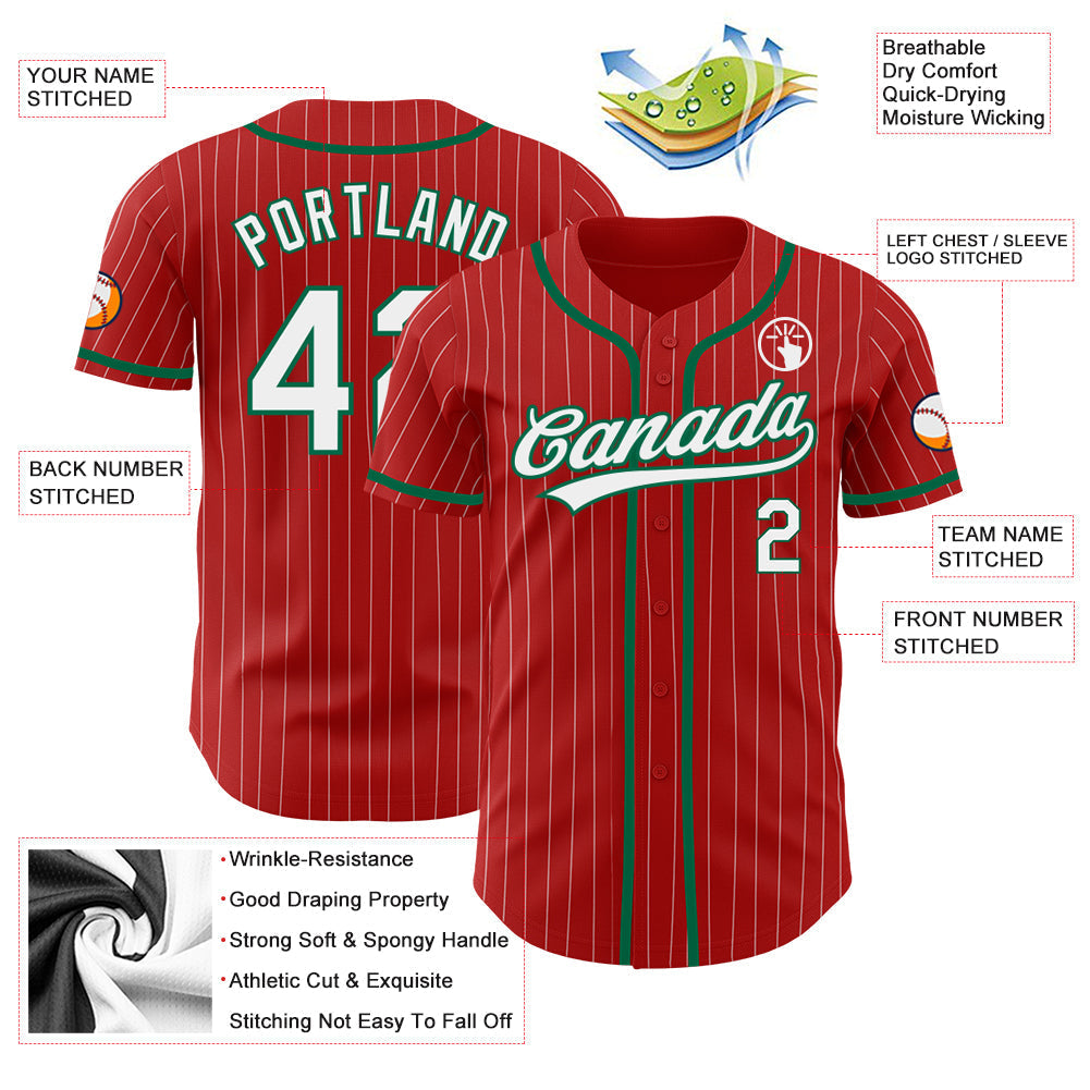Custom Red White Pinstripe Kelly Green Authentic Baseball Jersey baseball jersey product view 3
