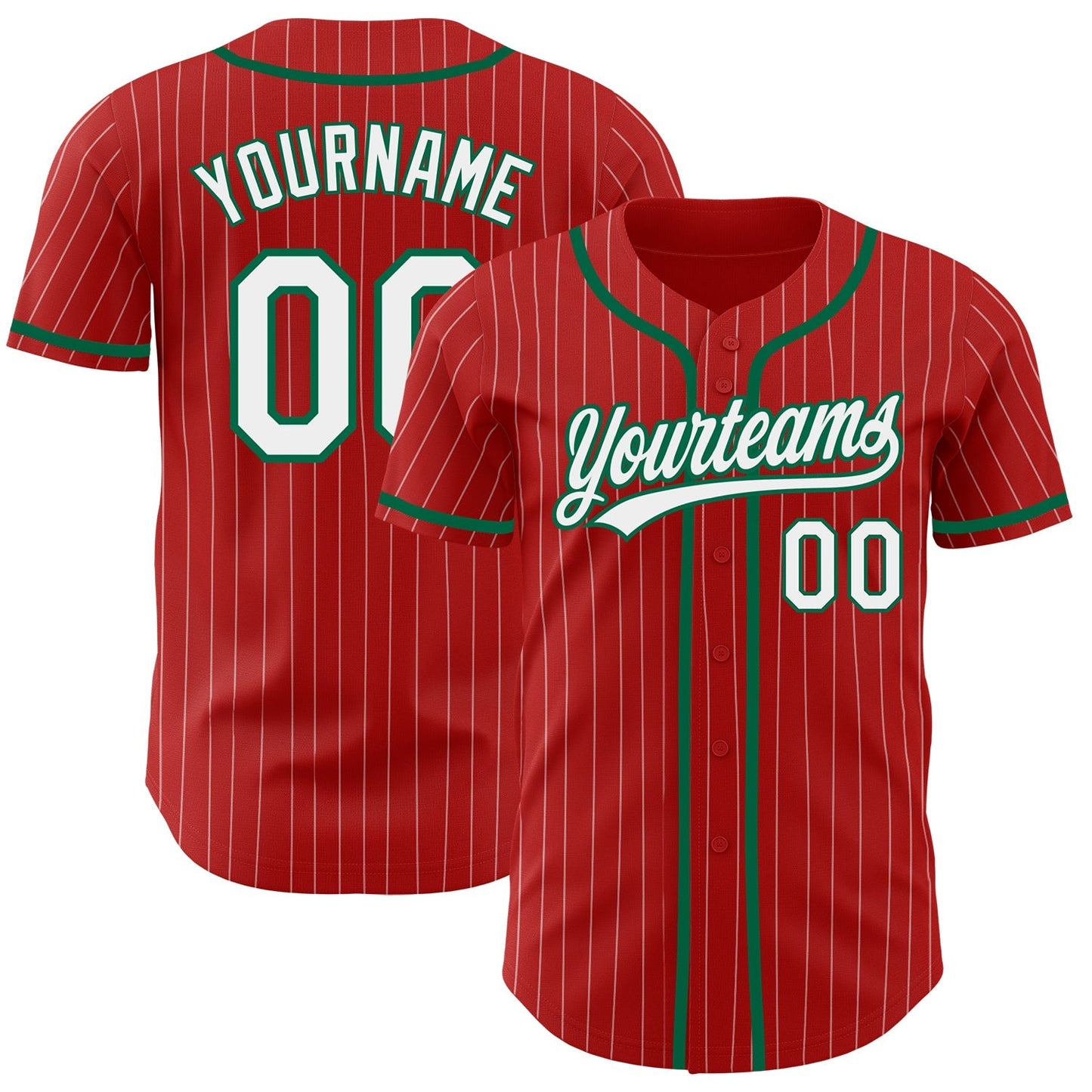 Custom Red White Pinstripe Kelly Green Authentic Baseball Jersey baseball jersey product view 1