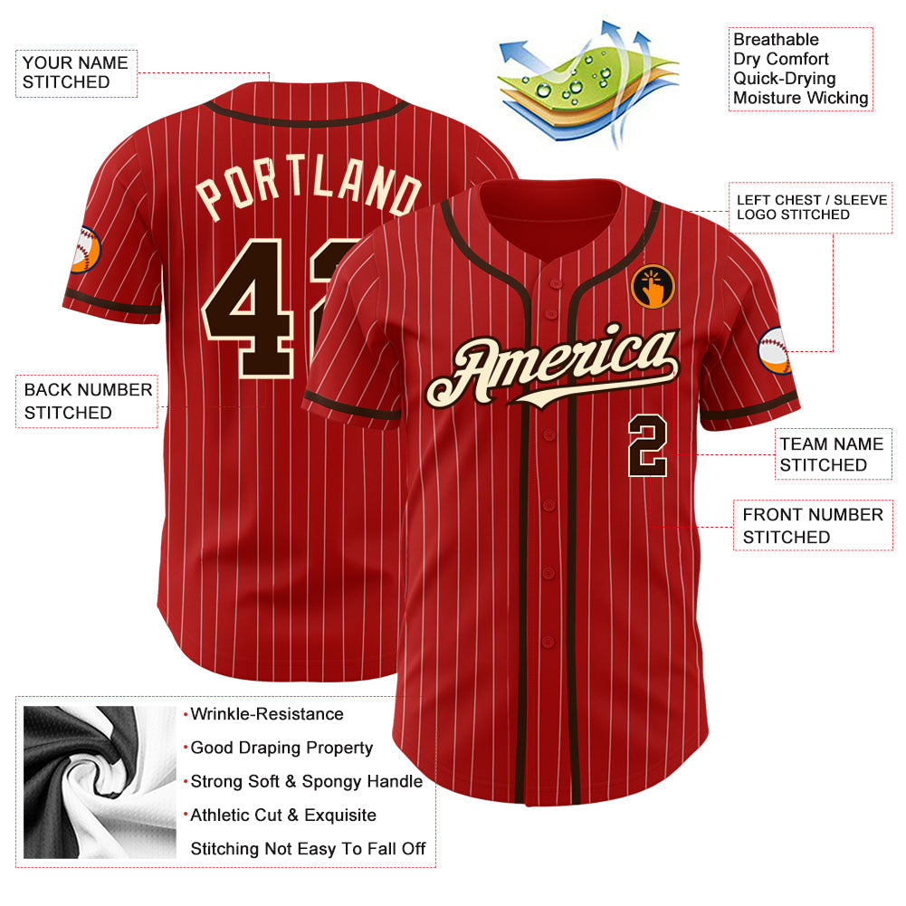 Custom Red White Pinstripe Brown-City Cream Authentic Baseball Jersey baseball jersey product view 3