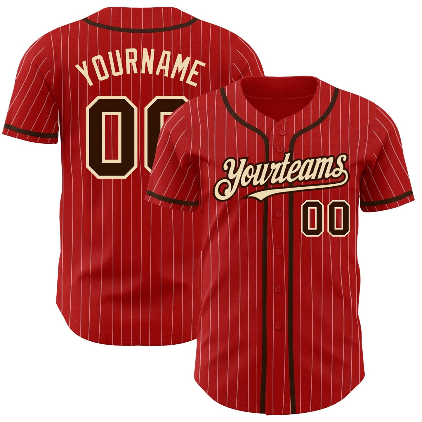 Custom Red White Pinstripe Brown-City Cream Authentic Baseball Jersey baseball jersey product view 1