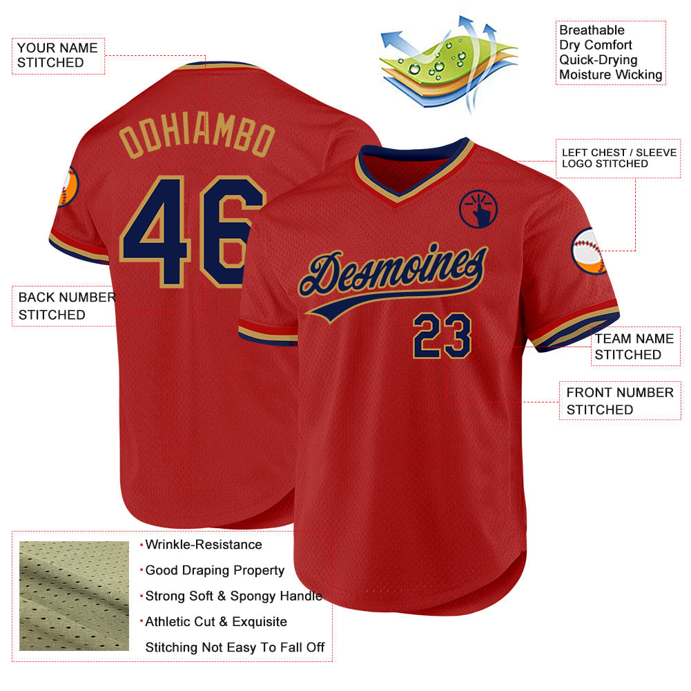 Custom Red Navy-Old Gold Authentic Throwback Baseball Jersey baseball jersey product view 3
