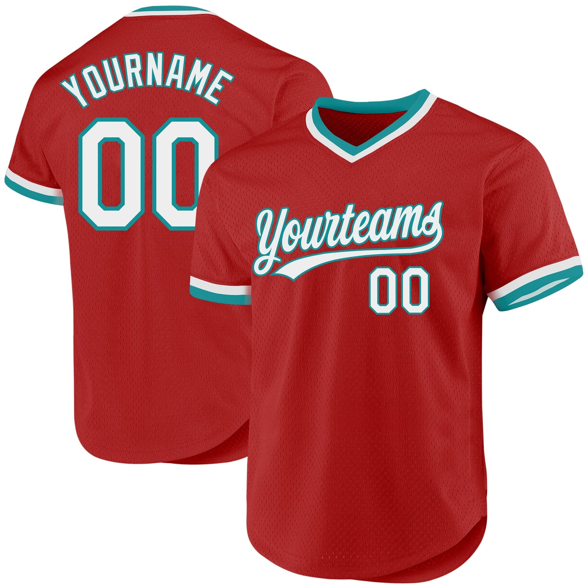 Custom Red White-Teal Authentic Throwback Baseball Jersey baseball jersey product view 1