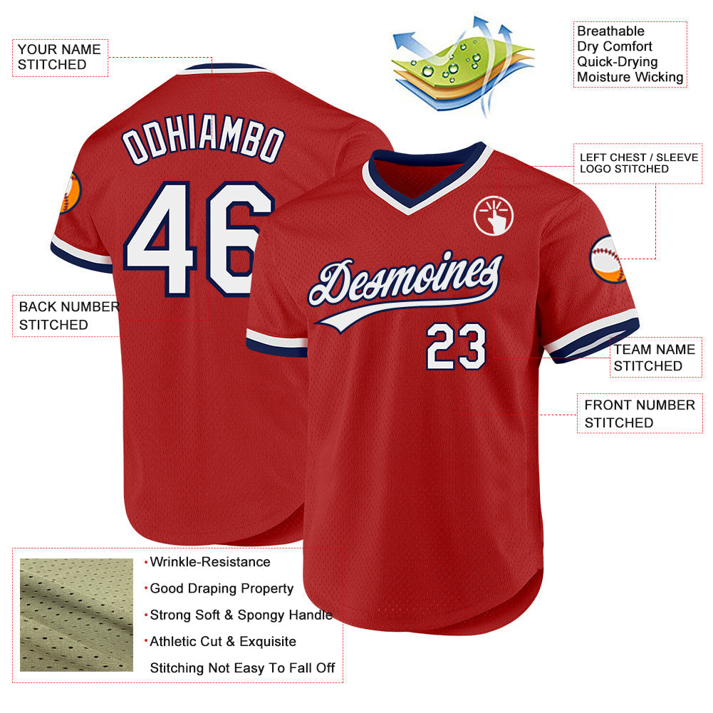 Custom Red White-Navy Authentic Throwback Baseball Jersey baseball jersey product view 3