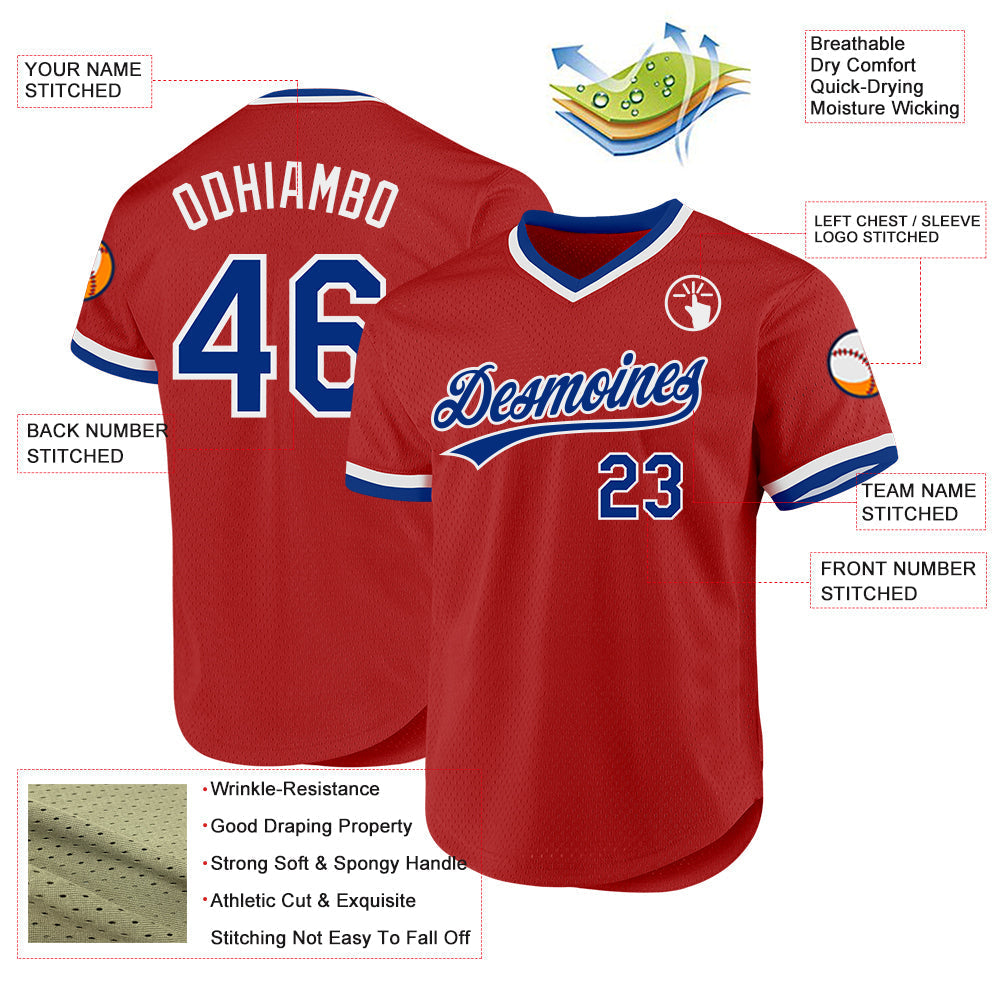 Custom Red Royal-White Authentic Throwback Baseball Jersey baseball jersey product view 3