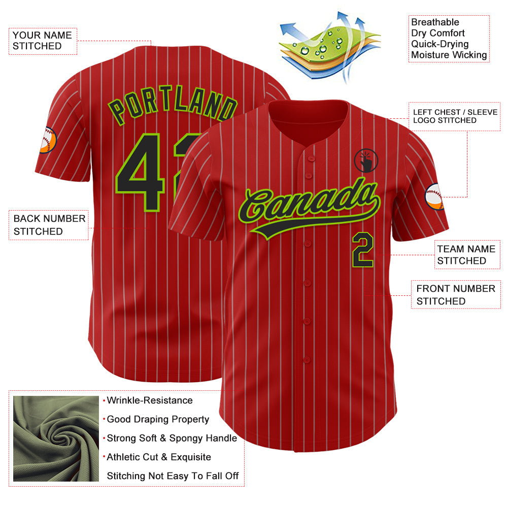 Custom Red Gray Pinstripe Black-Neon Green Authentic Baseball Jersey baseball jersey product view 3