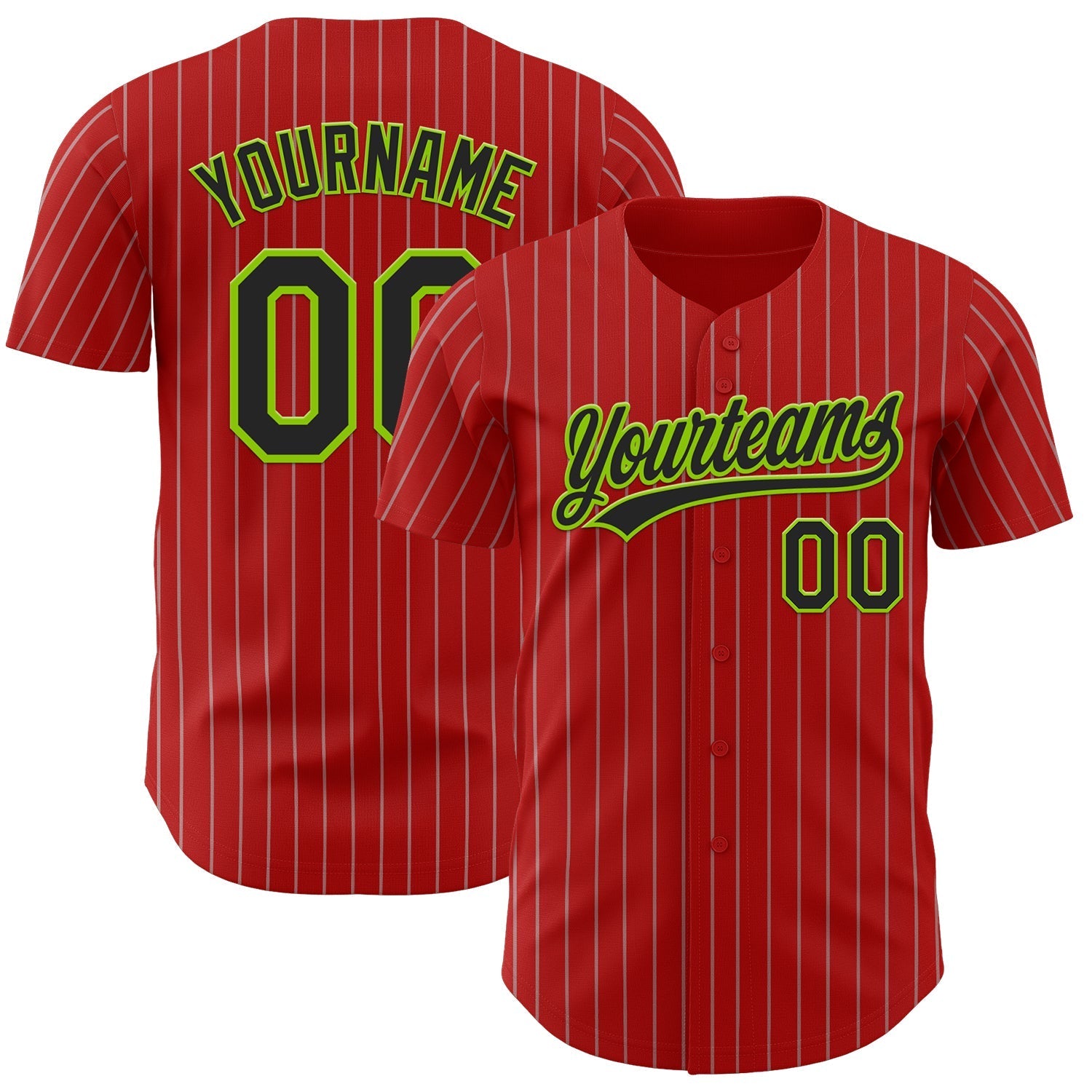 Custom Red Gray Pinstripe Black-Neon Green Authentic Baseball Jersey baseball jersey product view 1
