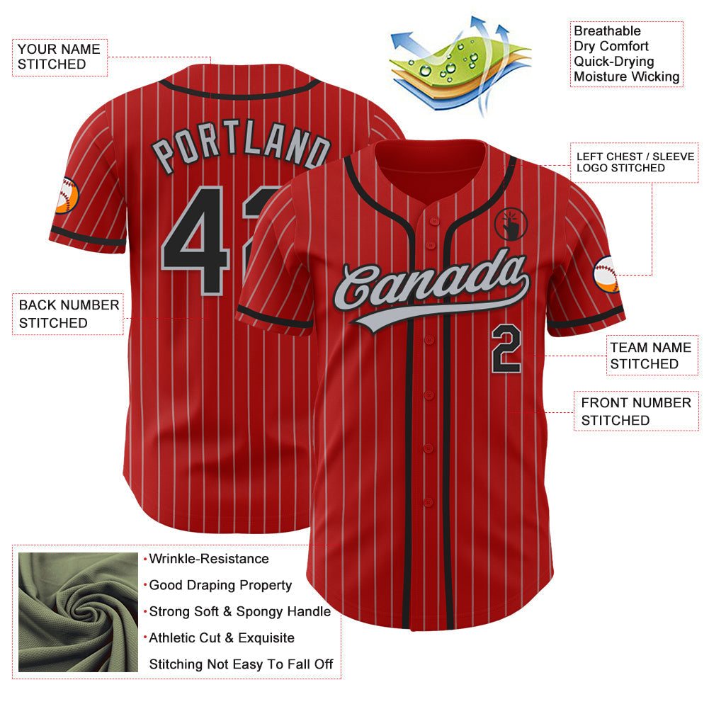 Custom Red Gray Pinstripe Black Authentic Baseball Jersey baseball jersey product view 3