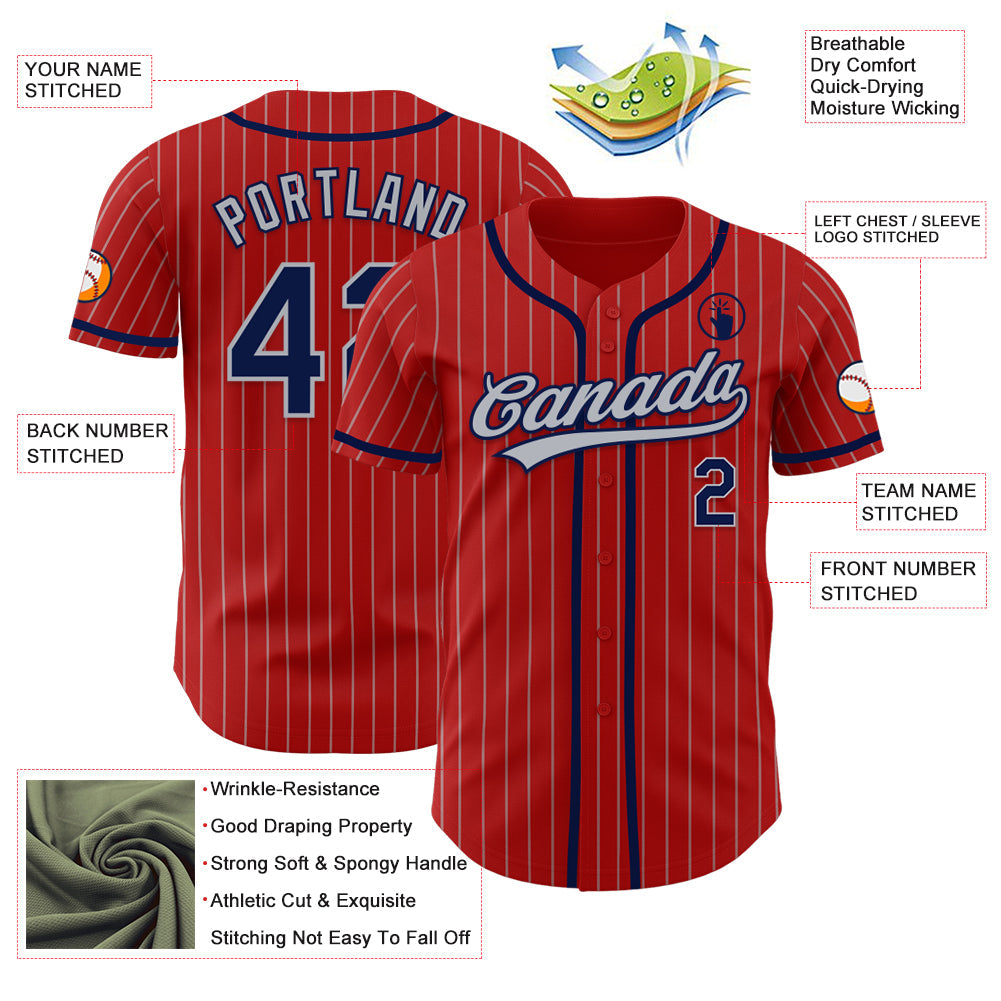 Custom Red Gray Pinstripe Navy Authentic Baseball Jersey baseball jersey product view 3